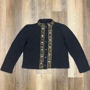 Vtg Nordic Wool Cardigan Sweater Womens M Gray Ribbon Lined Folk Peasant Cottage